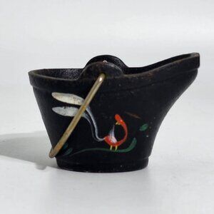 Hand Painted Cast Iron Miniature Bucket With Bird Design with Brass Handle VTG